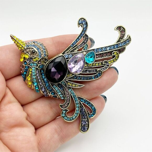 Vibrant Purple, Blue & Green Hummingbird Rhinestone Large Statement Brooch - Picture 3 of 9
